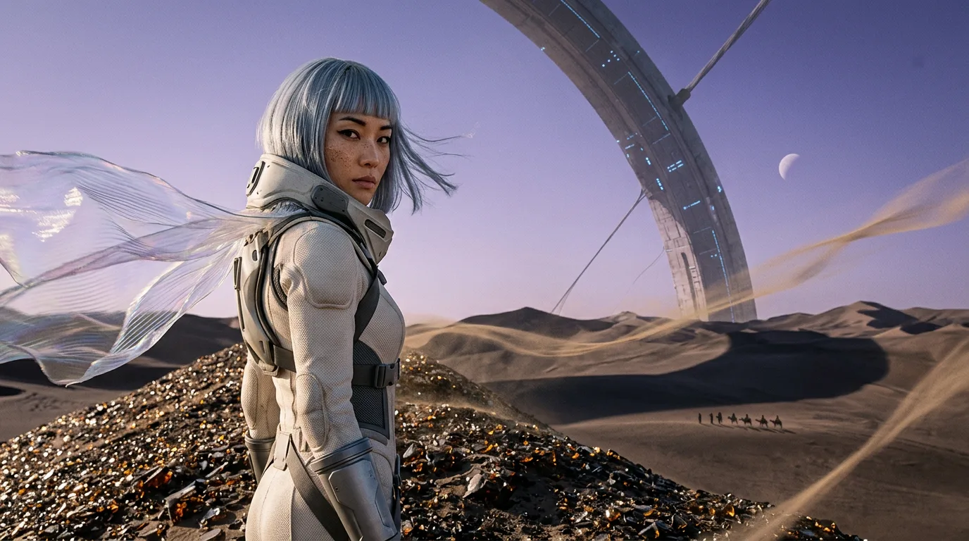 Elara Vance on a dune of fused glass, a half-buried orbital ring and a space-elevator tether behind her under a second moon