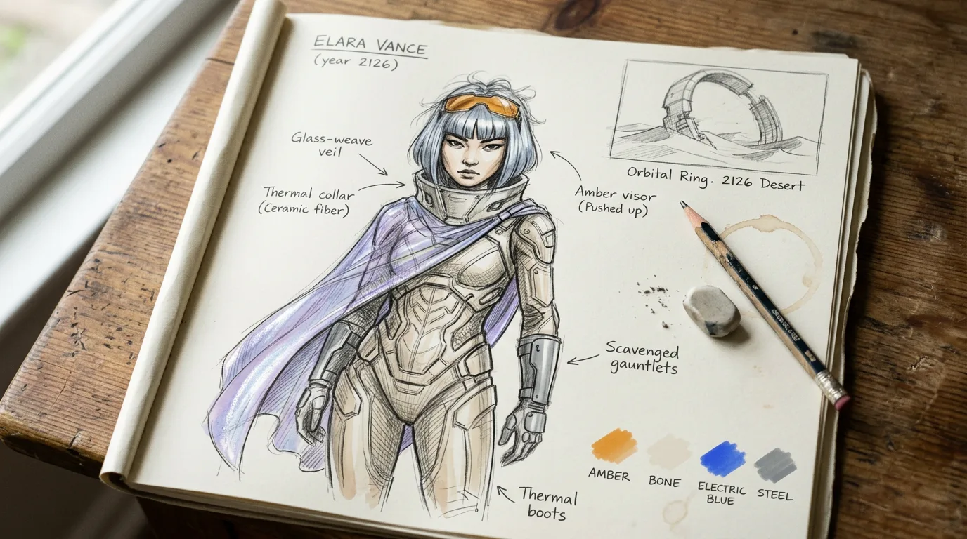 Elara Vance as a pencil and watercolor concept sketch of her 2126 desert outfit, with annotations and colour swatches