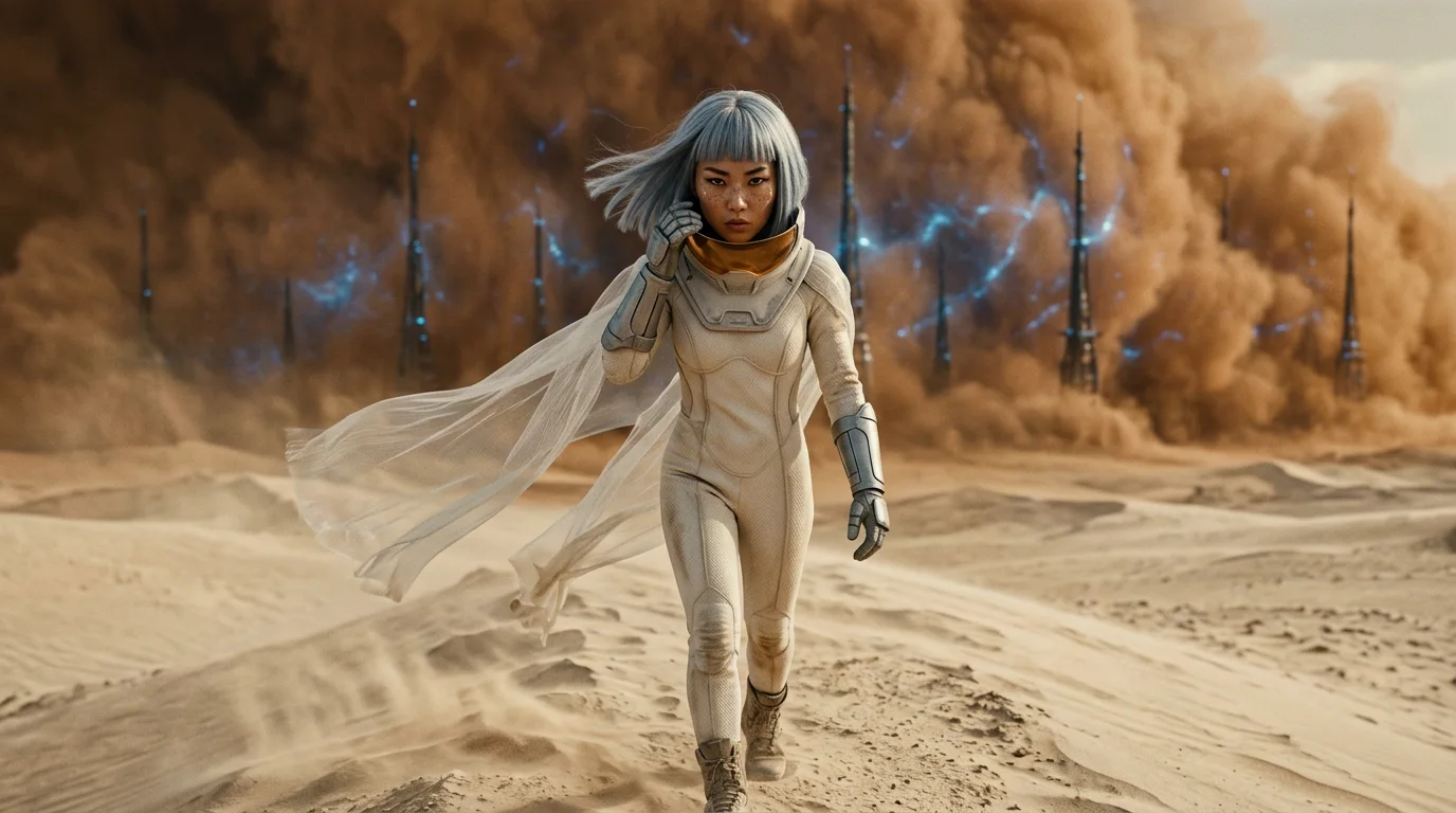 Elara Vance walking toward camera as a glowing blue sandstorm wall and harvester towers rise behind her